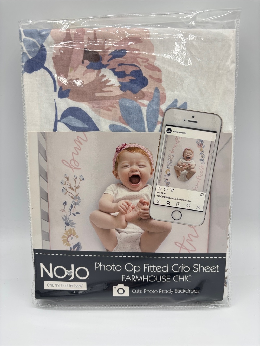 NoJo Farmhouse Chic Photo Op Fitted Crib Sheet - Blush & Blue Floral 100% Cotton